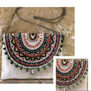 Beaded Linen Indian Mandala Clutch with Embellishments and Silver Chain